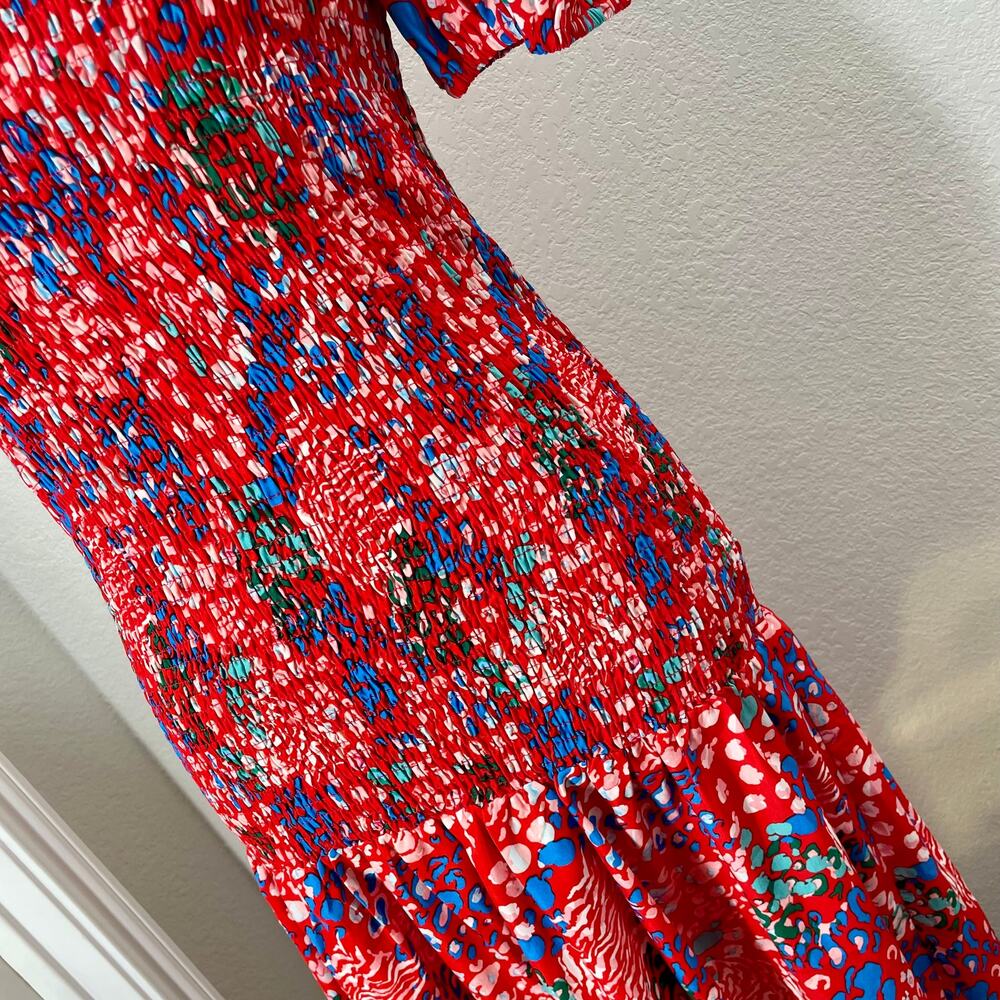 NEVER FULLY DRESSED Scarlett Midi Dress Leopard Print Smocked Dress Puff Sleeve - Picture 4 of 10